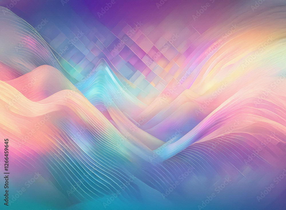 Poster smooth, flowing wavy lines in a gradient of vibrant pastel colors create a dreamy, textured abstract