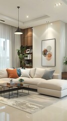 Modern Beige Living Room Interior Design with Sectional Sofa Abstract Art and Stylish Lighting