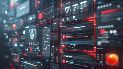 Abstract digital interface with red and black data streams. Futuristic tech background.