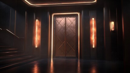 Mysterious glowing door entrance art deco hallway. AI Generated