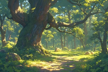Sunny woodland path, mossy trees, forest clearing. Use for nature visuals