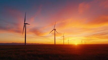 Obraz premium Wind turbines stand in a vast field under a dramatic orange sunset sky, generating clean renewable energy.
