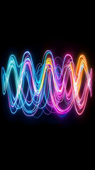 Colorful neon light wave abstract art, dark background, digital illustration for technology or music