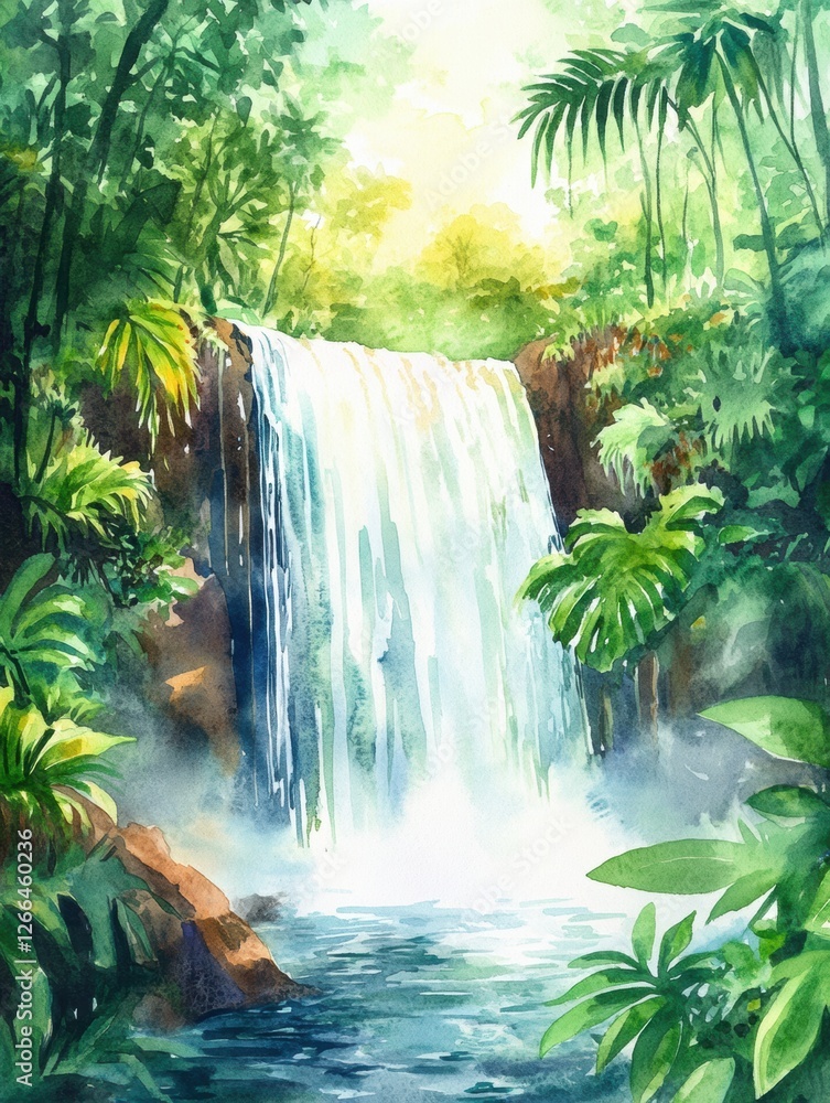 Poster beautiful tropical waterfall surrounded by lush vegetation and vibrant greenery in a serene jungle s