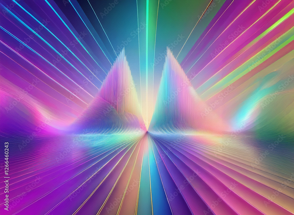 Poster vibrant background of radiating lines in rainbow hues converges to a point, forming abstract geometr