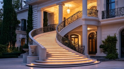 Elegant Exterior of a Luxurious Mansion with Decorative Stairs