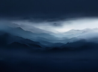 Obraz premium A misty, atmospheric mountain range creates a moody background. Layered hills fade into the distance under a cloudy sky, offering a tranquil and serene view.