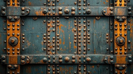 A close-up view of an aged, textured wooden door with metal studs and rust, showcasing wear