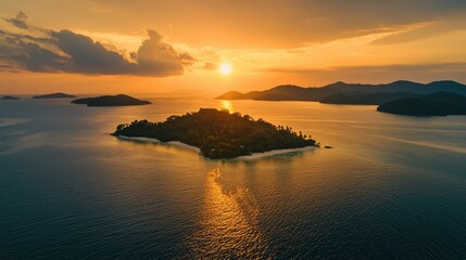 Serene Sunset Over Tropical Island Surrounded by Calm Waters