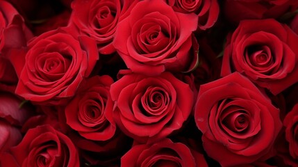 Deep red roses in full bloom, symbolizing passion, love, and romance, making a perfect background for Valentine’s Day or wedding themes.