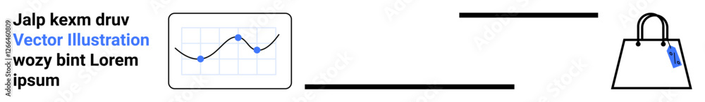 Poster shopping bag with price tag, data chart with line graph, and placeholder text highlighting e-commerc