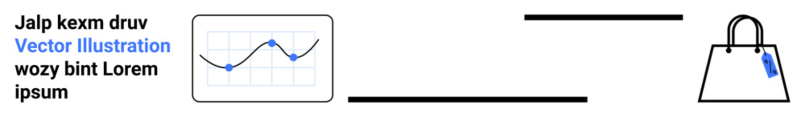 Shopping bag with price tag, data chart with line graph, and placeholder text highlighting e-commerce, retail, analytics, promotional campaigns. Ideal for shopping, marketing, analytics sales