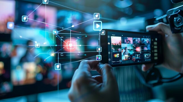 Person uses a smartphone to record videos for social media with representing modern technology digital communication creative content and online media engagement concept. - Powered by Adobe