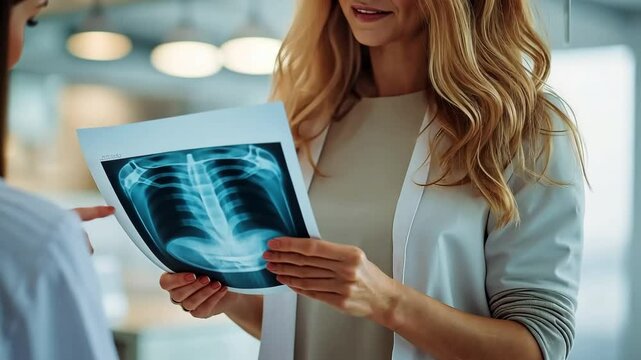 Close-up of a dentist's hand displaying a panoramic x-ray to a female patient in the dentist's office.