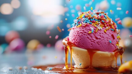 Pink ice cream, sprinkles, caramel, studio shot, dessert