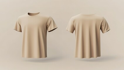 Fototapeta premium Beige t-shirt mockup template on a white background, front view, isolated. Beige T-shirt with a round neck for design presentation and social media post mock-up.