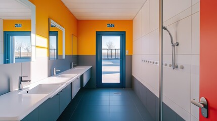 Bright private bathroom with colorful walls and safety features