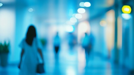 Business conference in convention hall with blurred background of people walking through corridor, ideal for corporate, networking, and event-related visuals