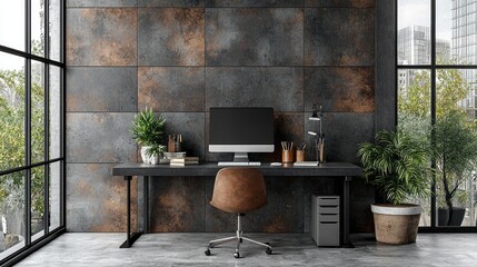 Modern workspace featuring a dark textured wall, sleek desk with computer, and greenery outside