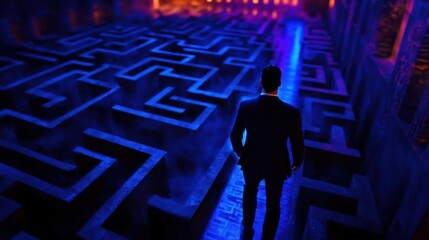 Man in suit navigating illuminated maze, dark background