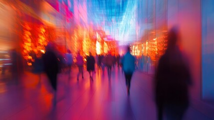 Fototapeta premium Business conference in convention hall with blurred background of people walking through corridor, ideal for corporate, networking, and event-related visuals