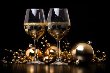 Elegant Gold Glitter Wine Glasses with Festive Christmas Ornaments