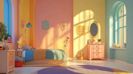 Children's bedroom with pastel walls and natural lighting