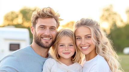 Fototapeta premium Happy family portrait, camping trip, sunset background, travel brochure