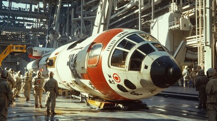 Spacecraft Preparation in High-Tech Hangar with Astronauts Nearby