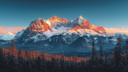 Majestic mountain range at sunrise with vibrant colors and serene forest in the foreground