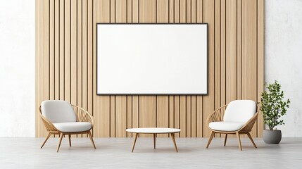 Modern minimalist living room with wooden wall, empty frame, and stylish furniture setup