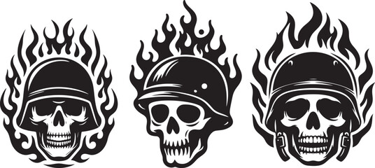Flaming skull in helmet set.