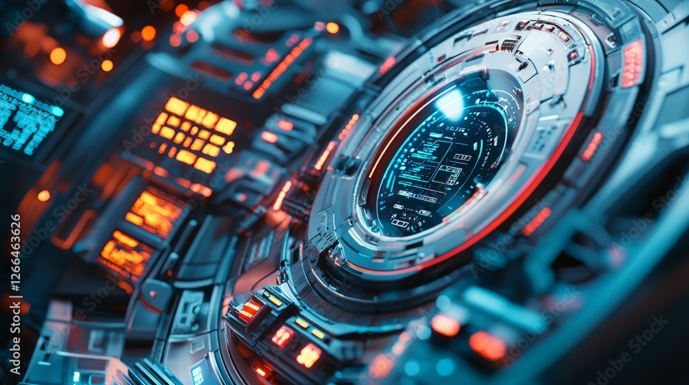 Poster futuristic control panel interface with neon lights and data display