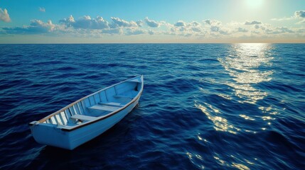 Fototapeta premium Solitary boat floats serene ocean sunset; travel, hope concept