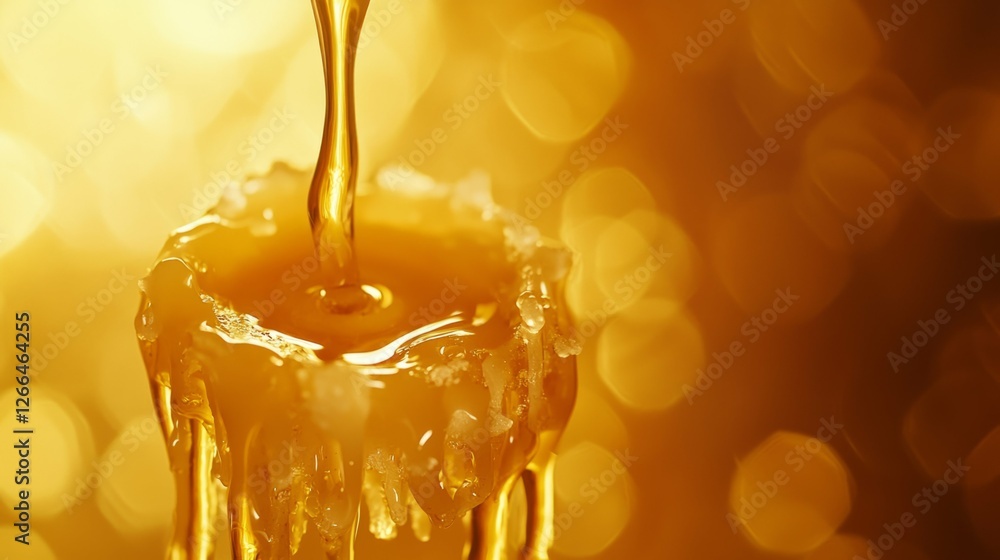 Poster golden honey dripping from jar with bokeh background effect