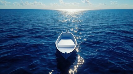Solitary boat, ocean voyage, hope, sunny day, calm sea, travel concept