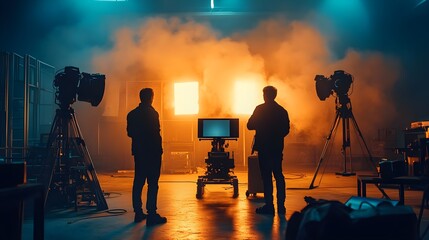 Fototapeta premium Film Production Crew Silhouettes on Set Dramatic Lighting Movie Studio