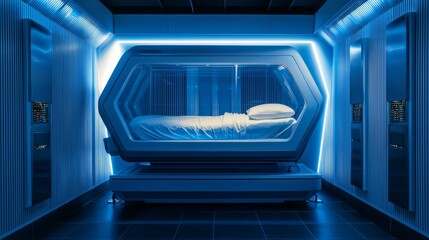 Futuristic Sleep Pod in Modern Space with Neon Blue Lighting