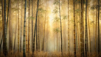 Obraz premium Golden Light Filtering Through a Serene Bamboo Grove, a Peaceful and Tranquil Natural Scene of Tall, Slender Trees in a Misty Atmosphere