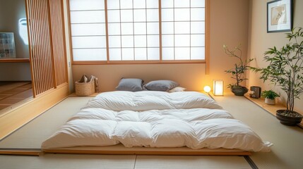 Fototapeta premium Minimalist Japanese Bedroom with Futon, Sliding Doors and Plants
