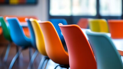 Modern conference room with vibrant colored chairs and blurred background, creating a professional and stylish business environment for corporate meetings, office spaces, and collaborative workspaces