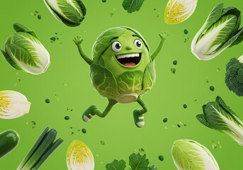 Happy Jumping Brussels Sprout Cartoon with Fresh Vegetables