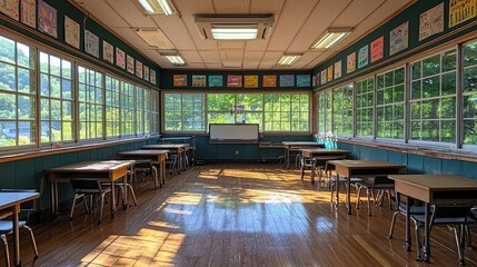 Bright classroom with wooden floors and sunlight streaming through large windows