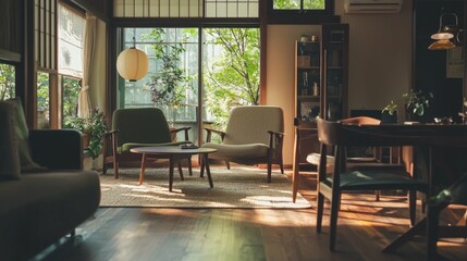 Cozy and Inviting Interior of Modern Living Room with Nature Views