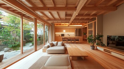 Fototapeta premium Modern Wooden Living Room with Natural Light and Minimalist Design