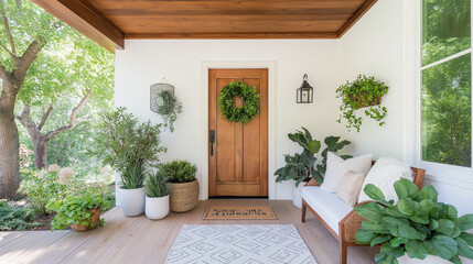 Inviting Front Porch Oasis: Step into tranquility with this inviting front porch, adorned with lush greenery, a welcoming wreath, and a cozy bench, creating a serene and welcoming atmosphere.  