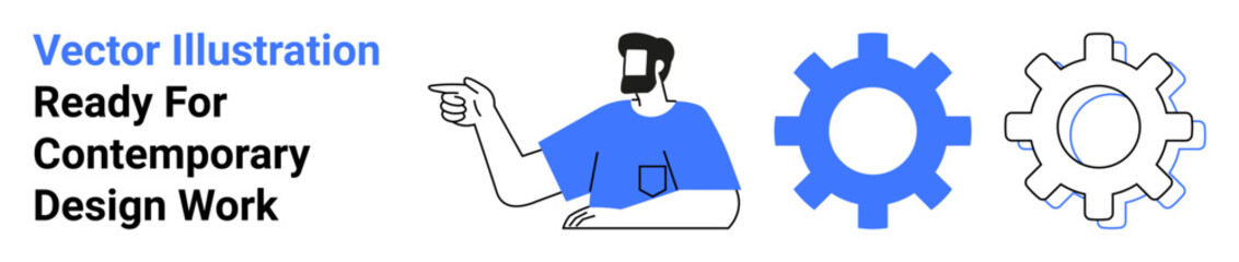 Male figure pointing next to two gears, symbolizing teamwork, innovation, and functionality. Ideal for technology, business, workflow, engineering, collaboration mechanics flat landing page banner