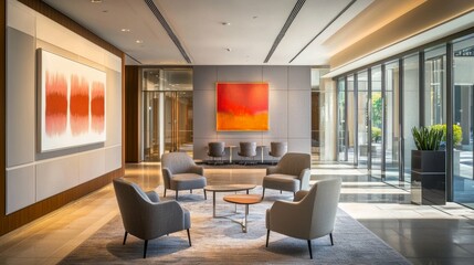 Fototapeta premium Modern Lobby Design with Stylish Chairs and Bold Artwork Display