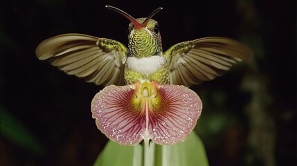 Obraz premium Hummingbird hovering orchid rainforest night wildlife
