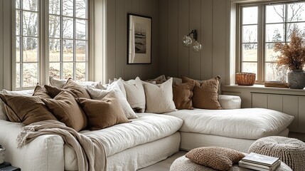 Cozy living room with a sectional sofa adorned with neutral pillows, natural light streaming in